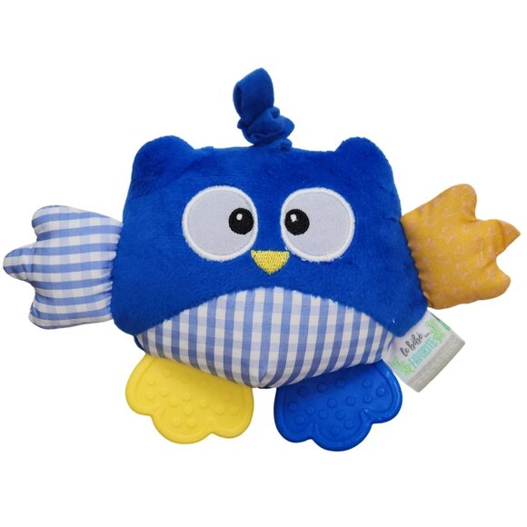 Le Bebe Favorite Pull Down Wiggle Teether Blue Owl Plush Infant Baby Toy Checks - Picture 1 of 6